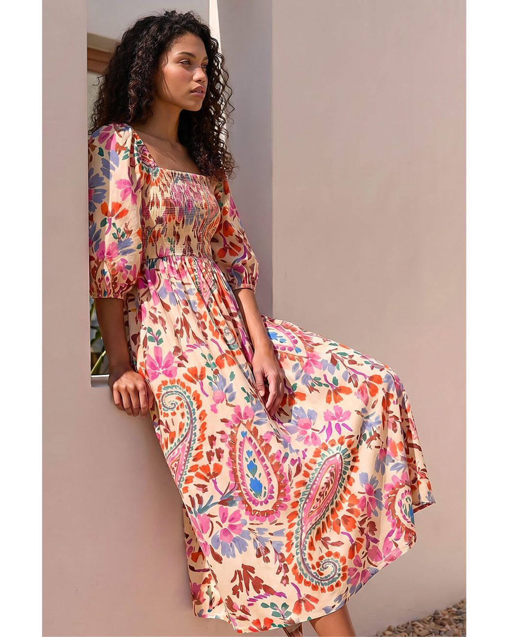 Roman Pink Petite Paisley Print Shirred Dress