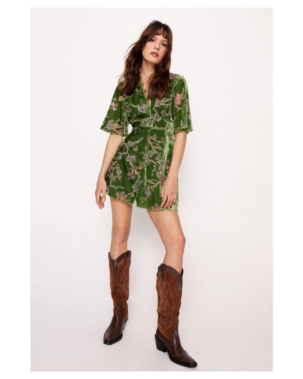 green emerald velvet dress Nasty Gal Floral Green Shirred Ruffle Smock Mini Skirt Women Size 6 Sm   Prima Bonita