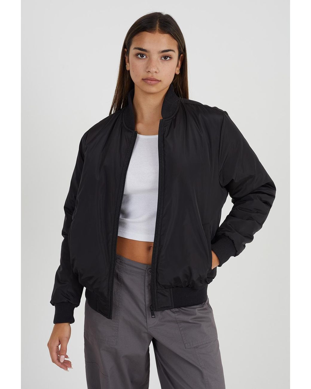 Brave Soul Blue 'Brazil' Ruched Sleeve Oversized Bomber Jacket