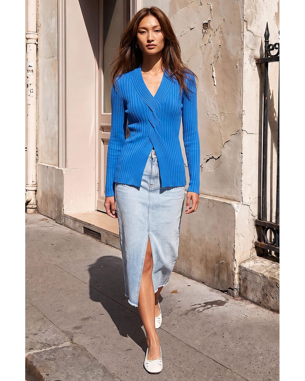 Roman Blue Cable Split Detail Rib Jumper