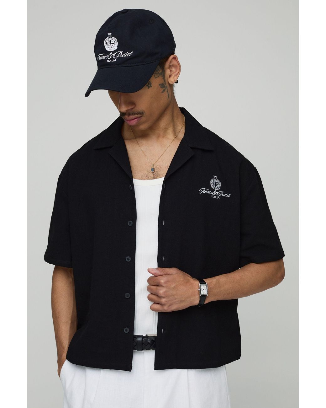 BoohooMAN Black Oversized Boxy Tennis & Padel Canvas Shirt for men