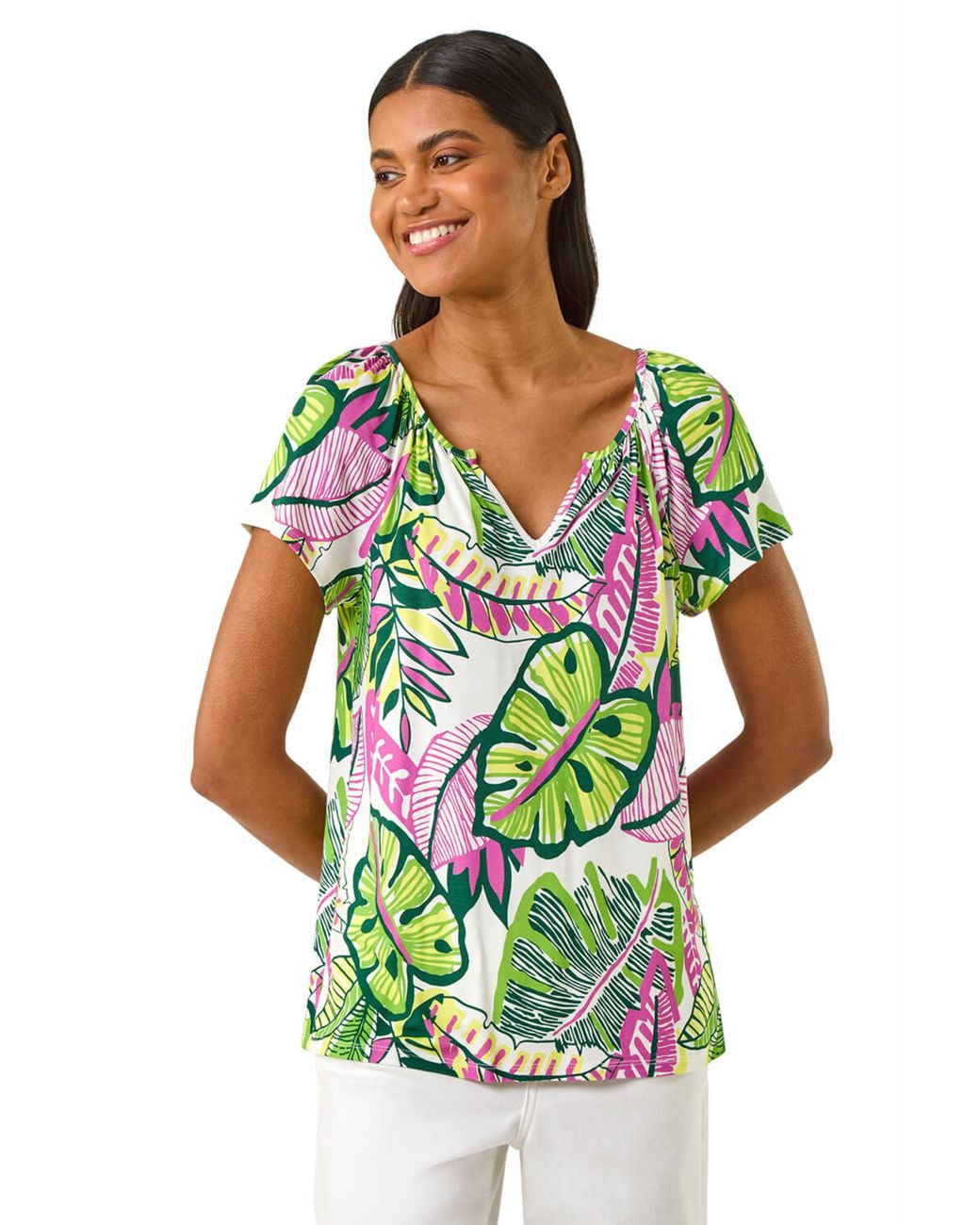 Roman Green Leaf Print V-Neck Stretch Top