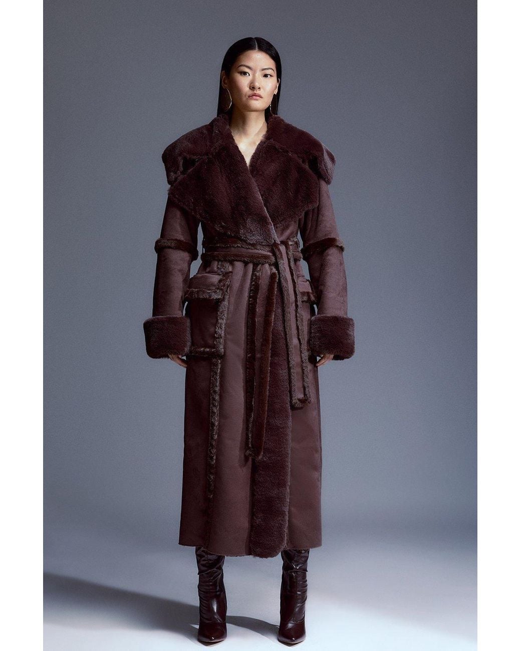 Karen Millen Blue Faux Shearling Collar & Cuff Tie Belt Maxi Coat