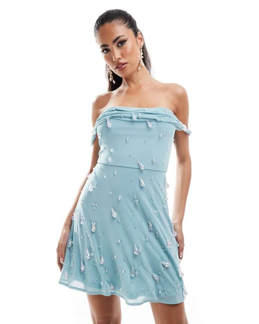 ASOS Blue Twisted Bardot Mini With Droplet Embellishment