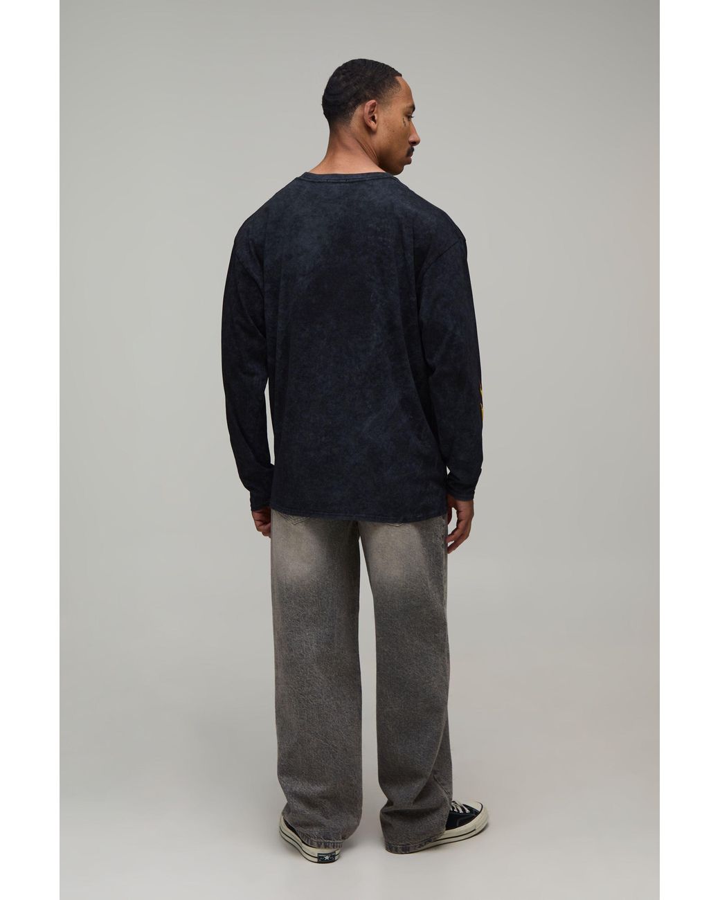 BoohooMAN Gray Oversized Rodeo Drive Moto Print Long Sleeve T-Shirt Cotton for men