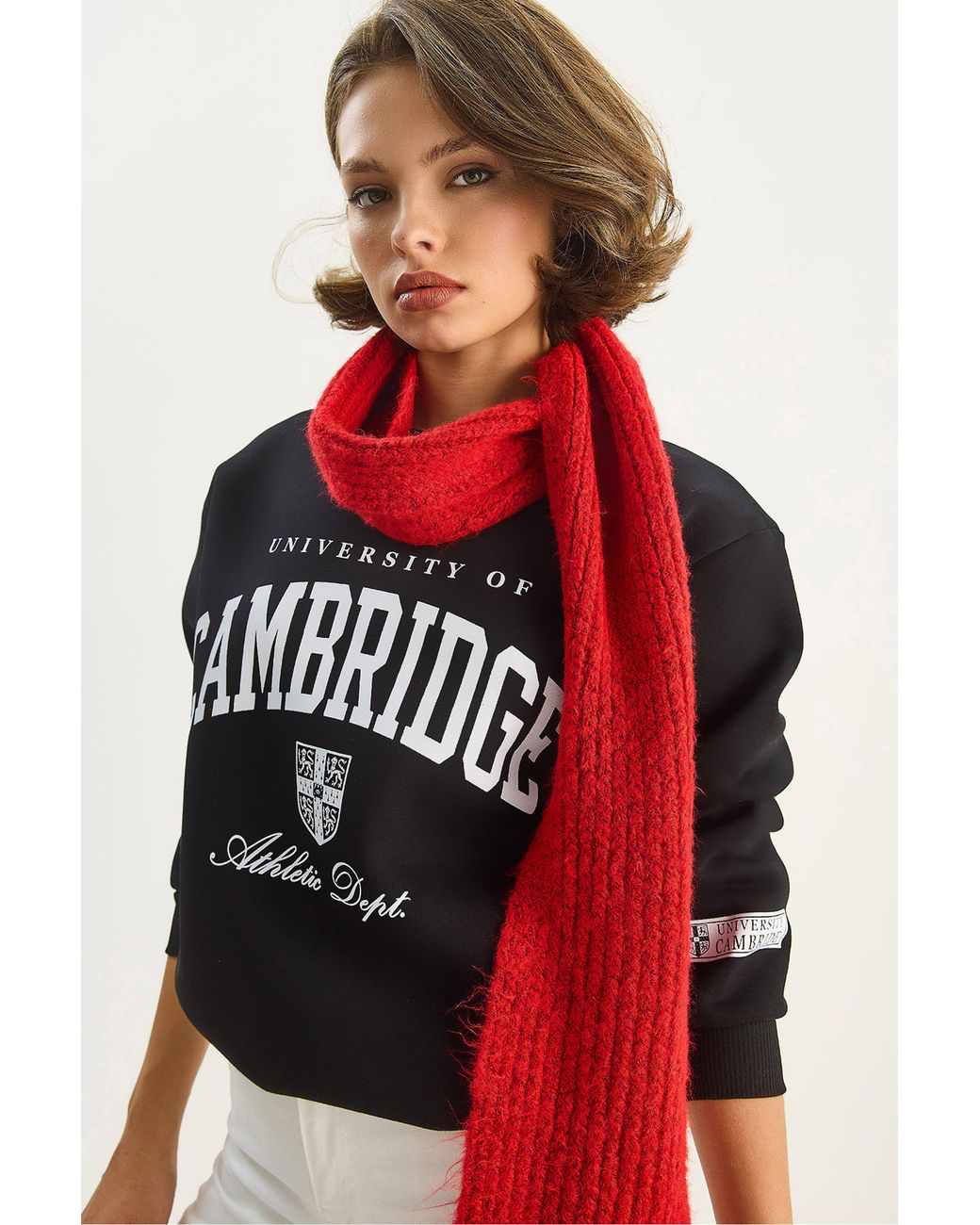 Bianco Lucci Red Printed Ribbed Crew Neck Sweatshirt