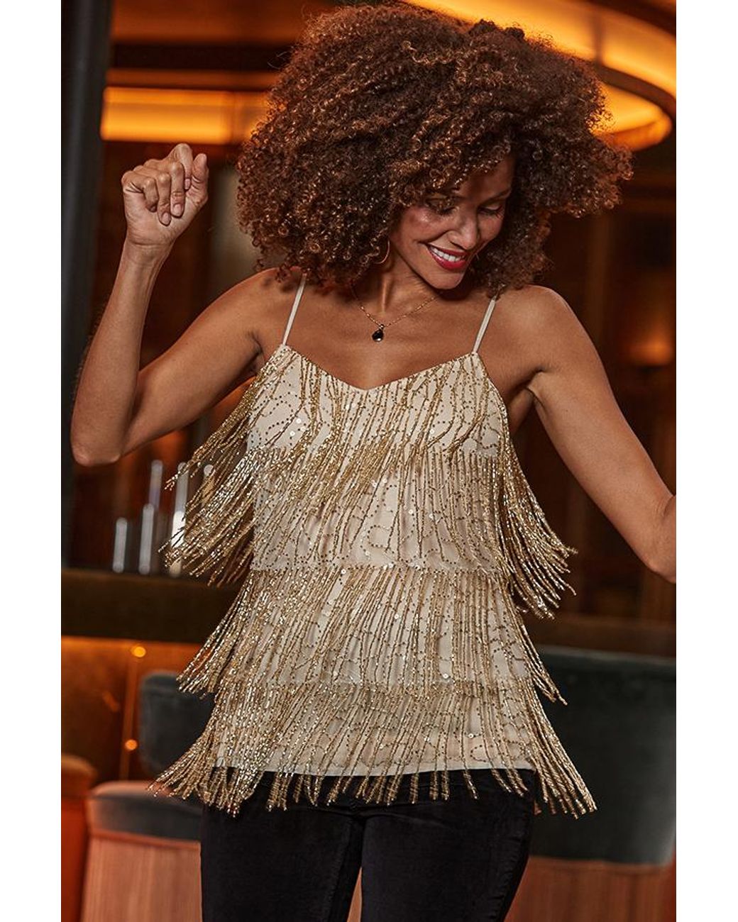 Sosandar Brown Premium Embellished Fringe Cami