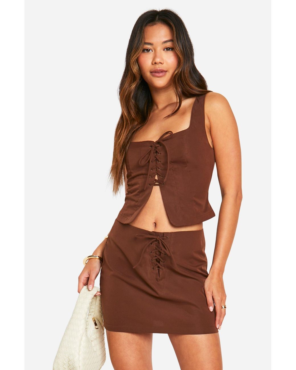 Boohoo Brown Lace Up Front Micro Mini Skirt