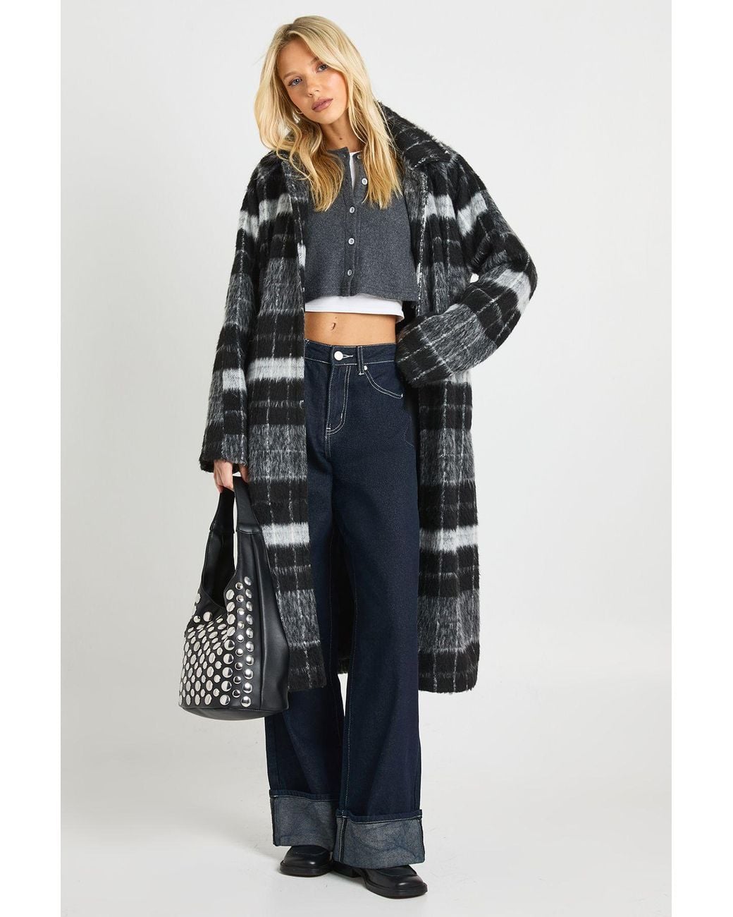 Boohoo Blue Oversized Check Wool Look Coat