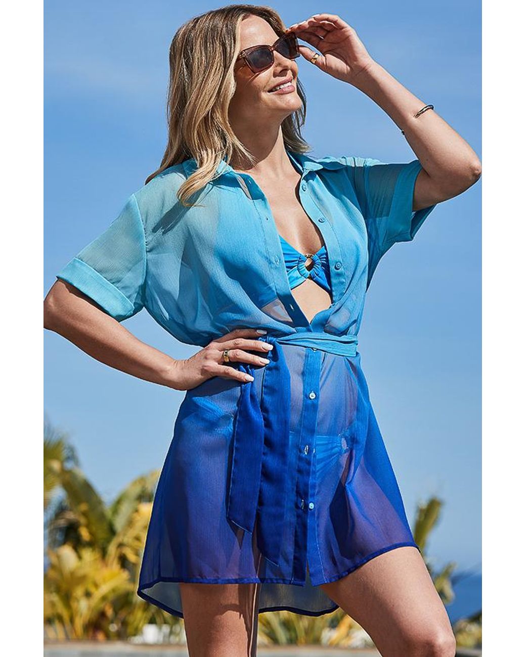 Sosandar Blue Ombre Tie Waist Longline Beach Shirt