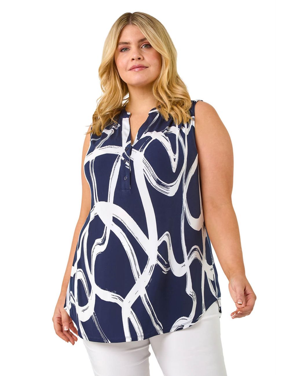 Roman Blue Curve Abstract Print Vest Top