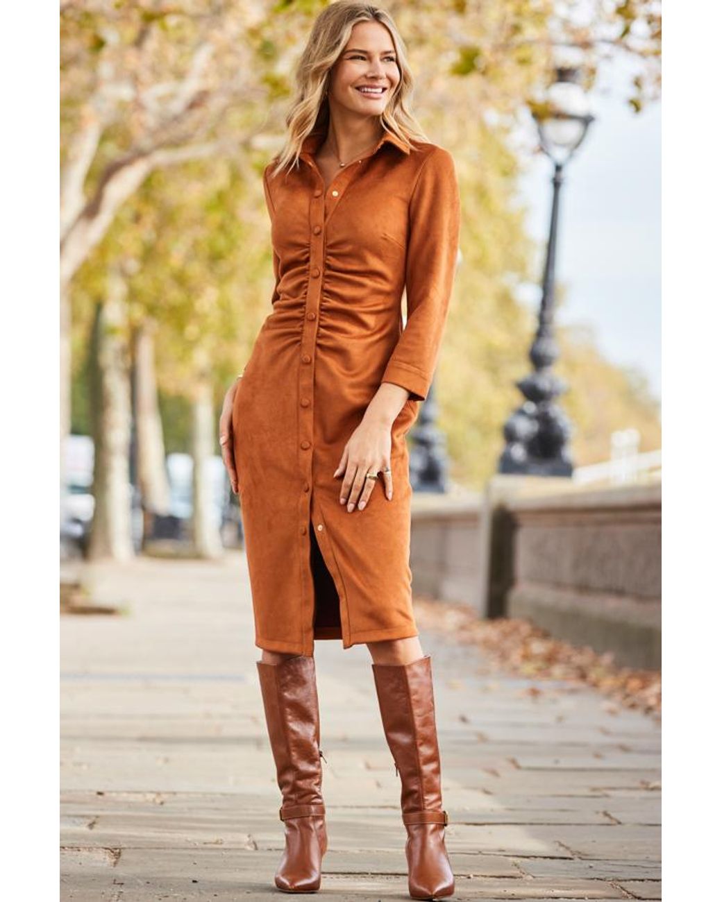 Sosandar Natural Ruched Front Faux Suede Midi Shirt Dress