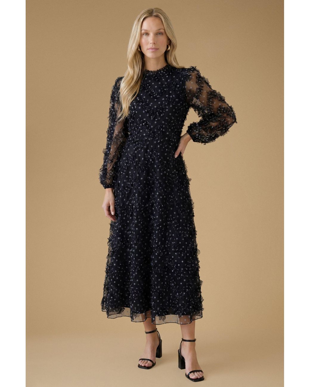 Oasis Blue Long Sleeve Printed Mesh Midi Dress