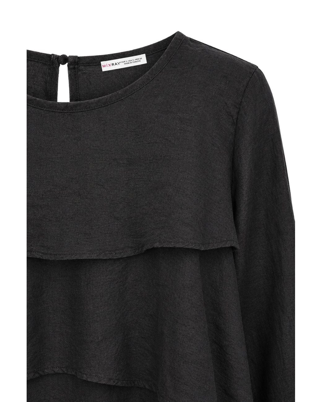 MixRay Black Frilly Long Sleeve Crew Neck Blouse