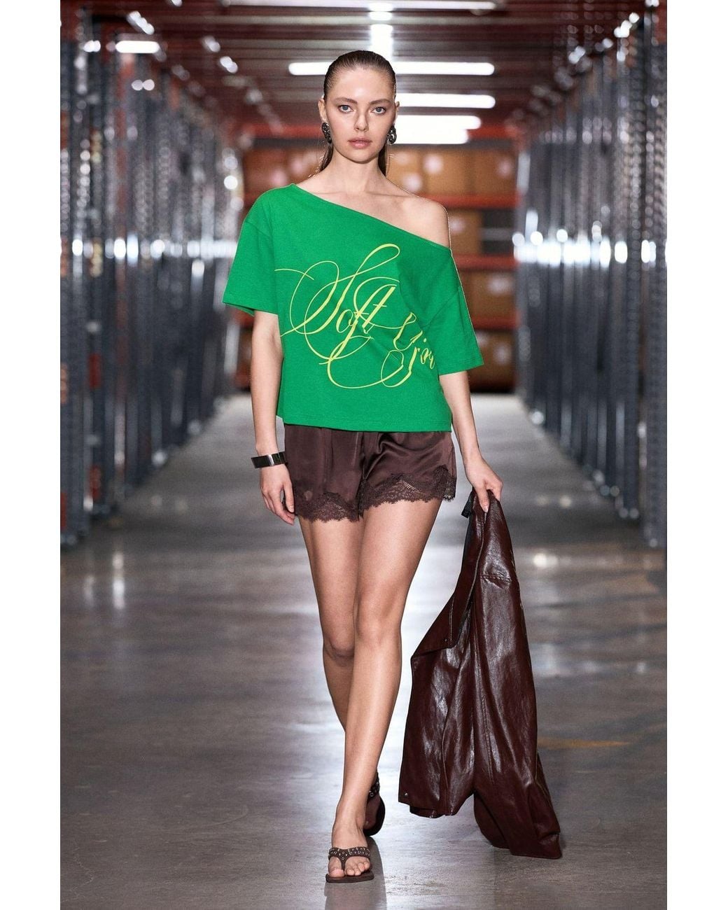 Grimelange Green Printed Crop Boat Neck T-Shirt