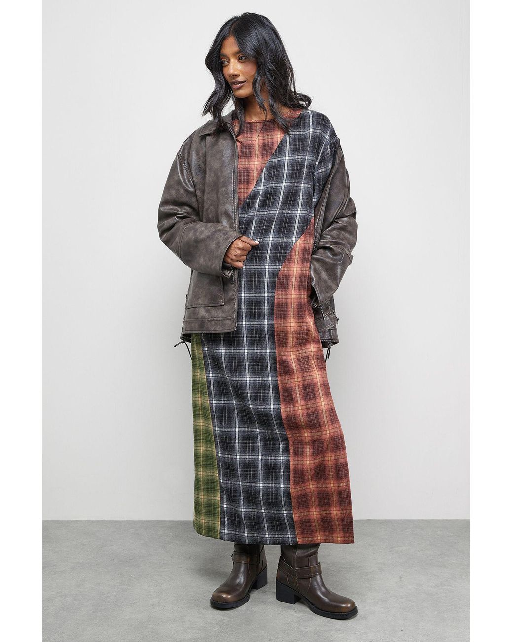 Oasis Multicolor Mixed Panelled Check Oversized Midi T-Shirt Dress