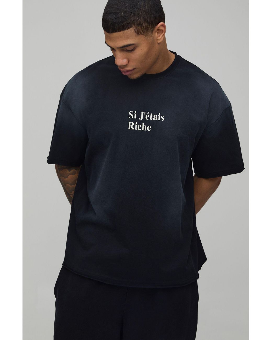 BoohooMAN Blue Oversized Gothic Spray Washed Distressed Printed T-Shirt for men