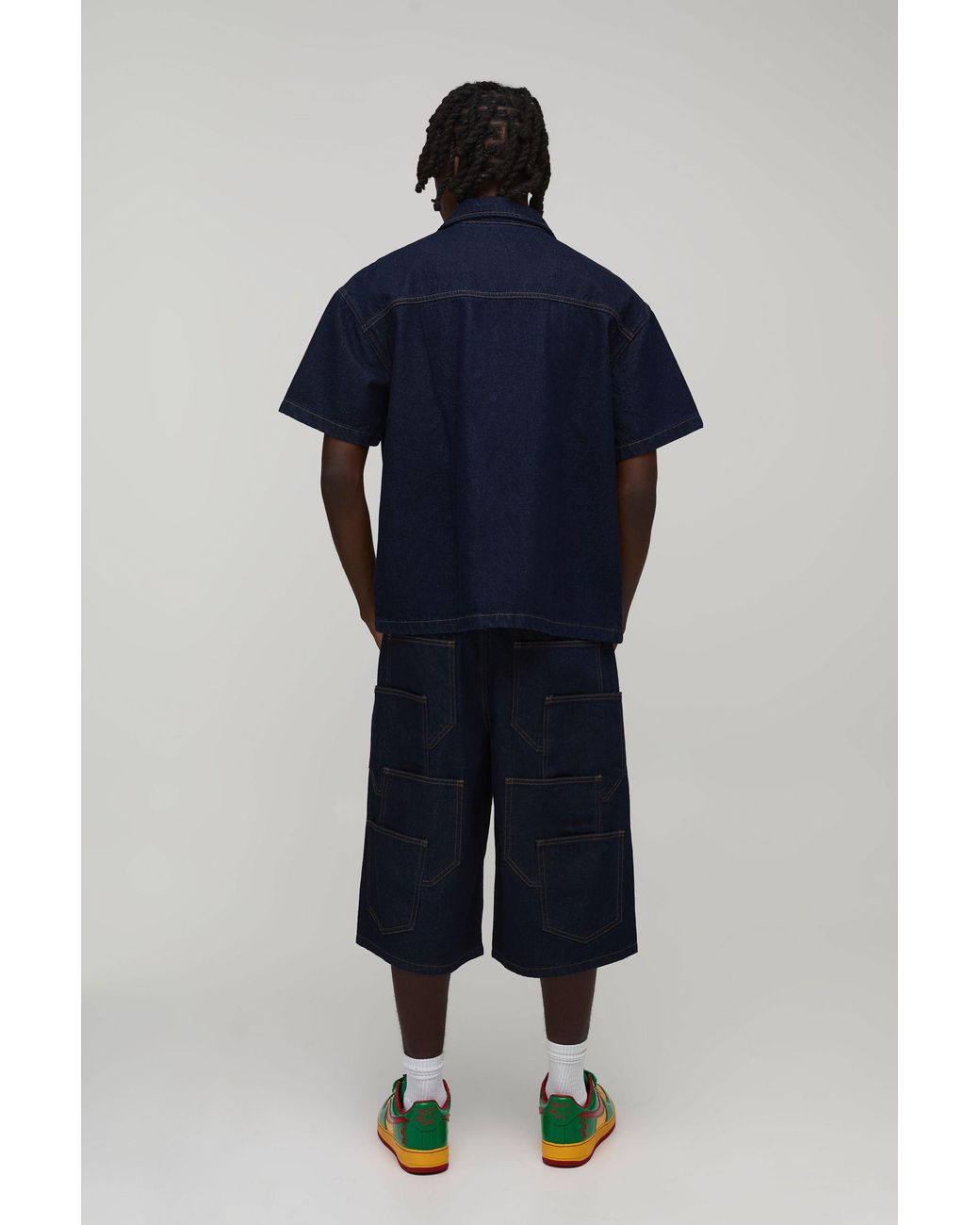 BoohooMAN Blue Multi Pocket Longline Denim Jorts for men