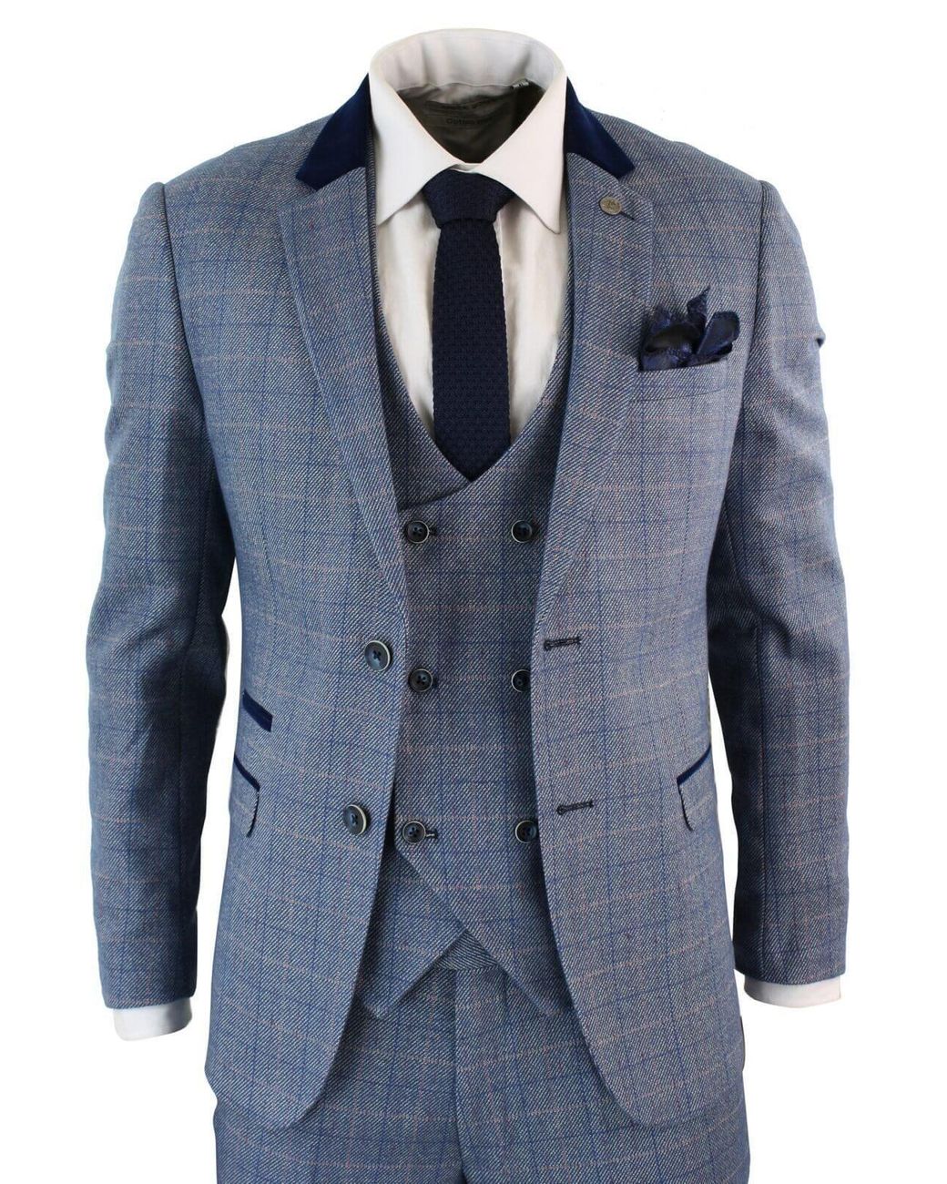 Infinity Leather Blue 3 Piece Herringbone Check Suit for men