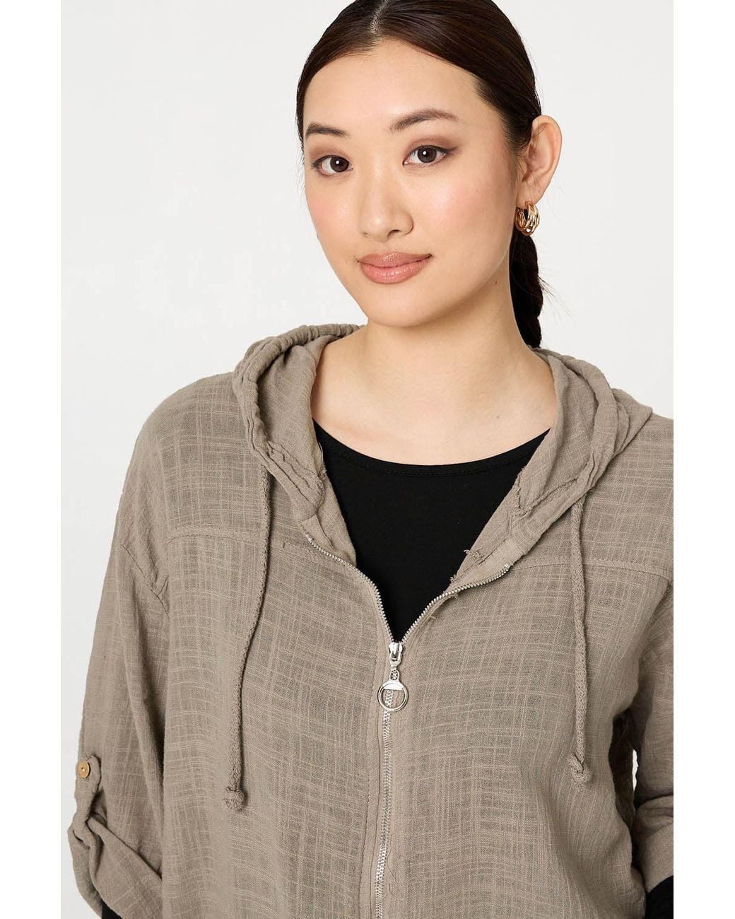 Izabel London Natural 3/4 Sleeve Hooded Zip Front Jacket