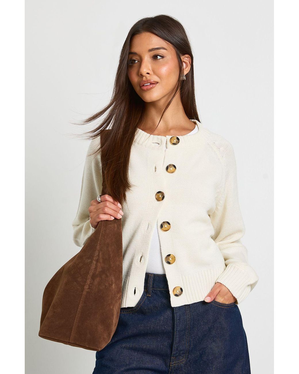 Boohoo White Crew Neck Knitted Chunky Cardigan