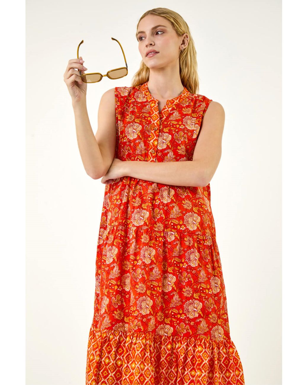 Roman Red Floral Print Contrast Swing Dress