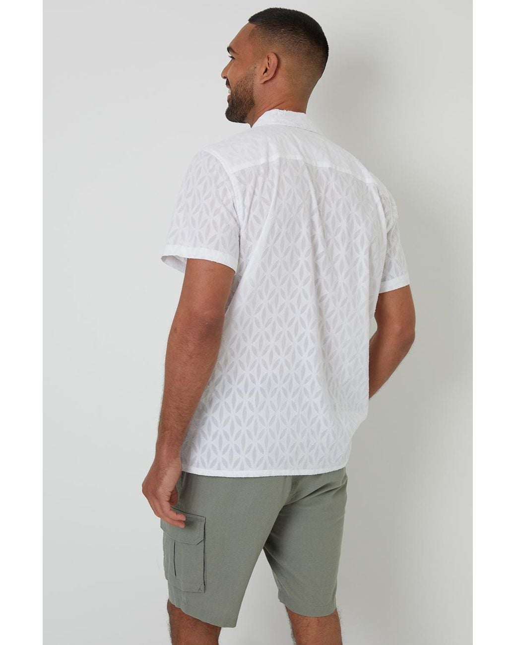 Threadbare White Cotton Pluck Textured Short Sleeve Shirt for men