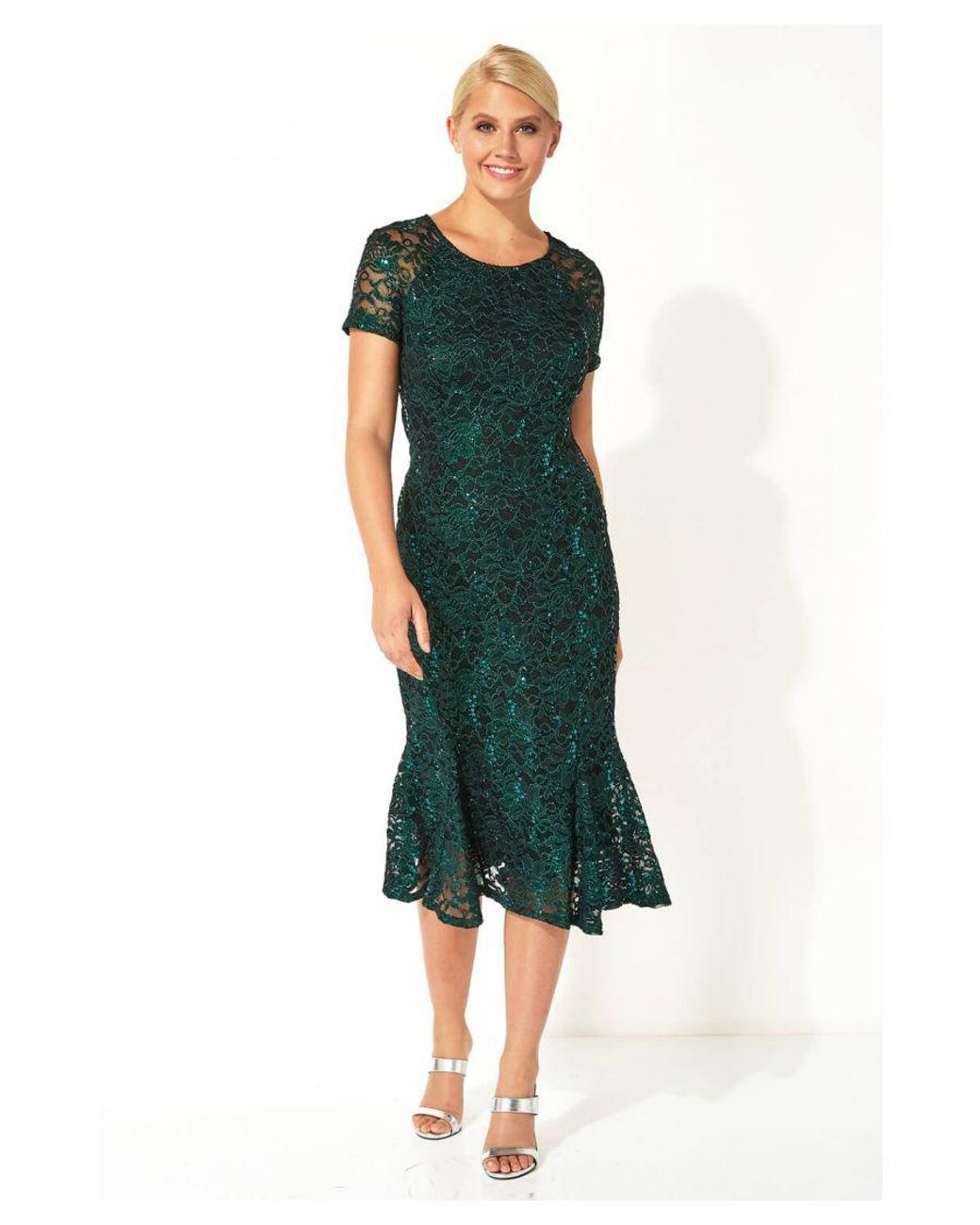 Roman Green Metallic Lace Sequin Midi Dress