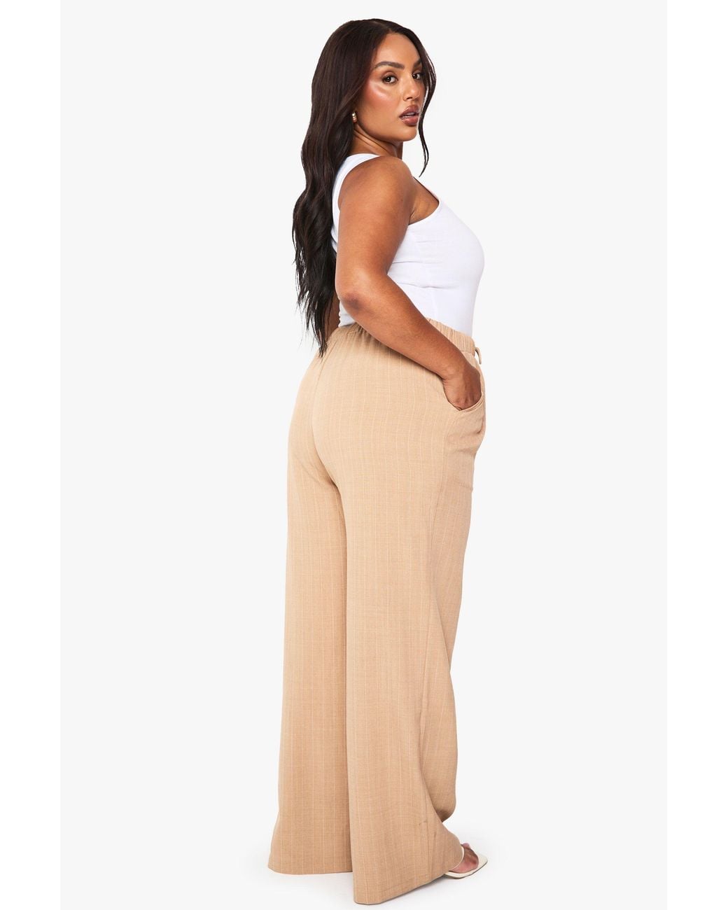 Boohoo Natural Plus Tailored Pin Stripe Elasticated Wide Leg Trouser