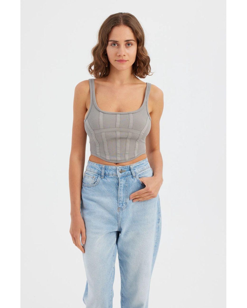 Hiccup Blue Square-Neck Sleeveless Front Seam Corset Top