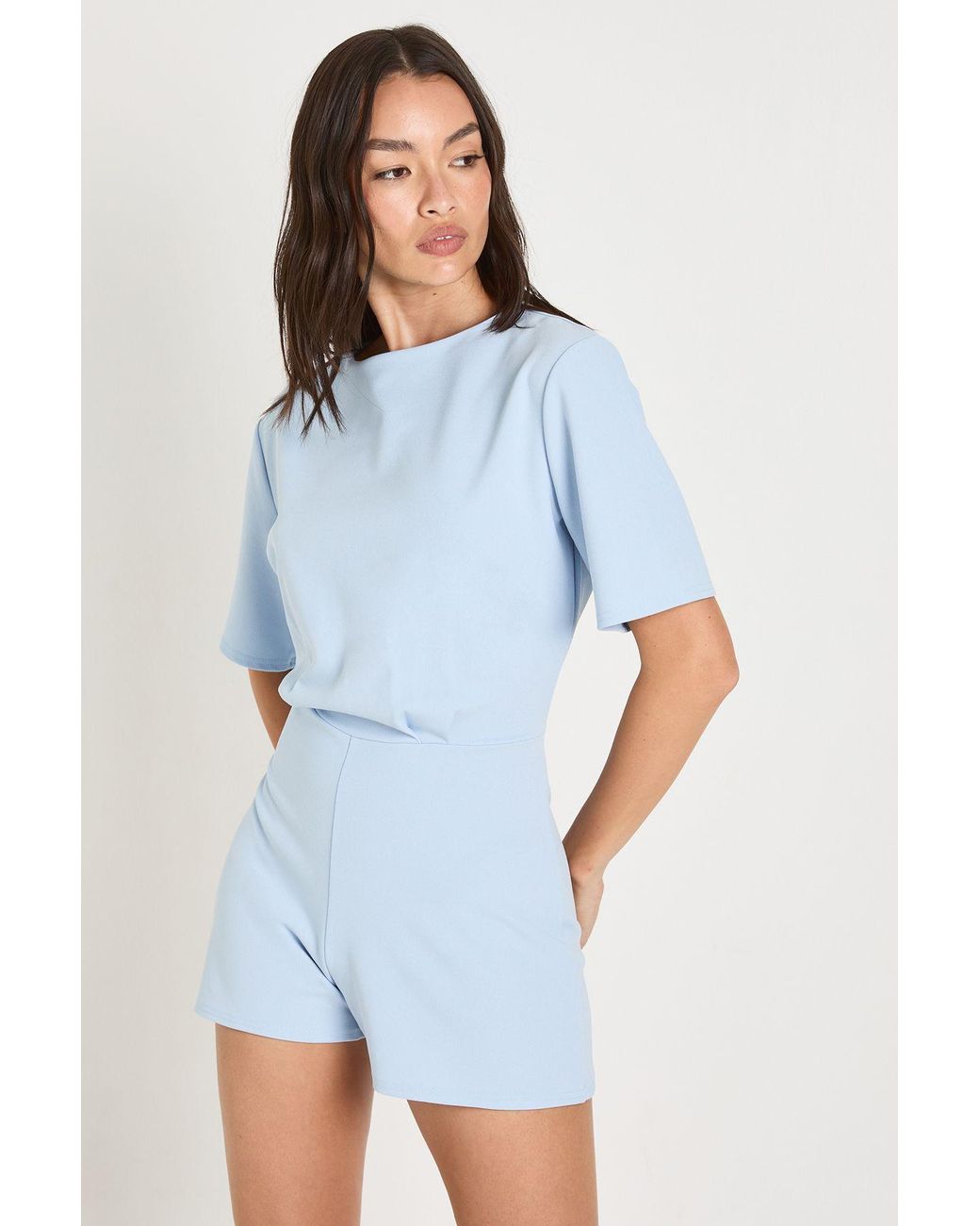 Boohoo Blue Jersey Crepe Half Sleeve Playsuit