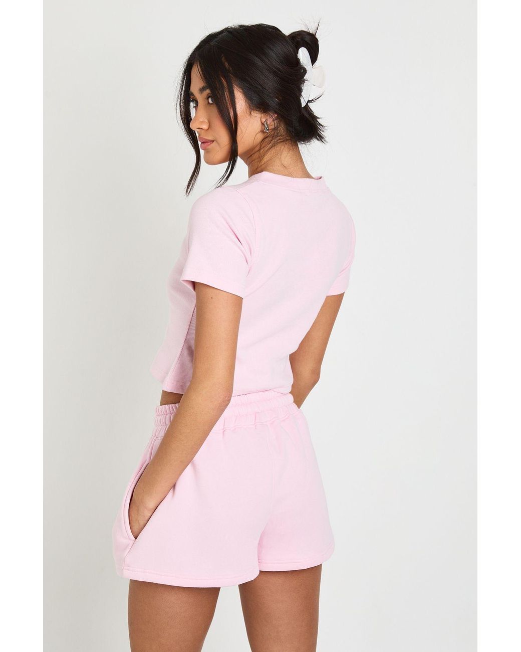 Boohoo Pink Ribbed Button Through Cap Sleeve Top And Short Tracksuit