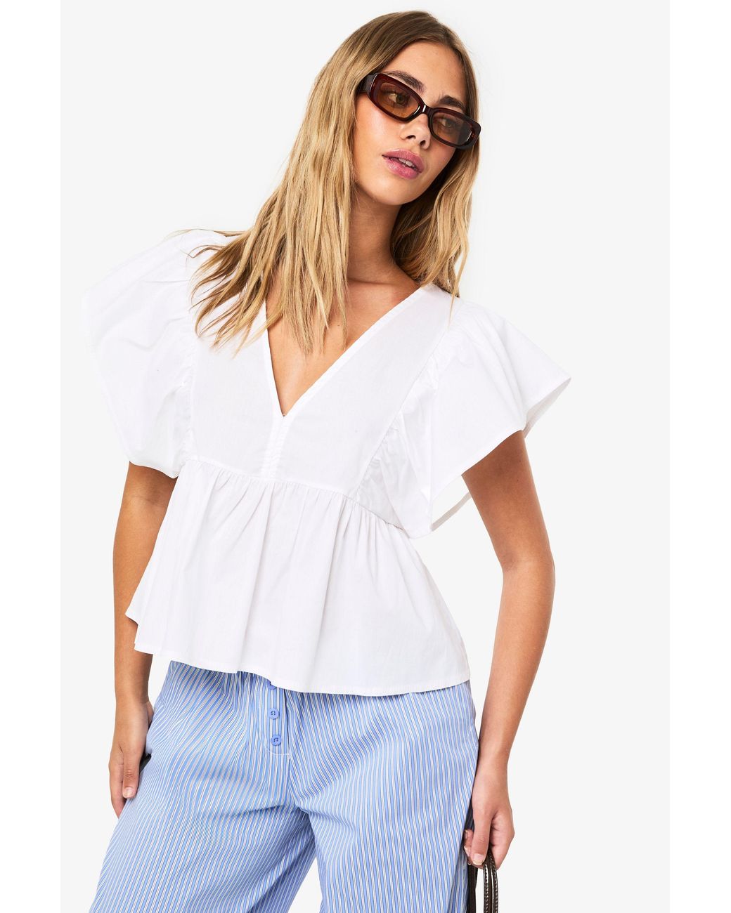 Boohoo White Ruffled V-Neck Smock Top