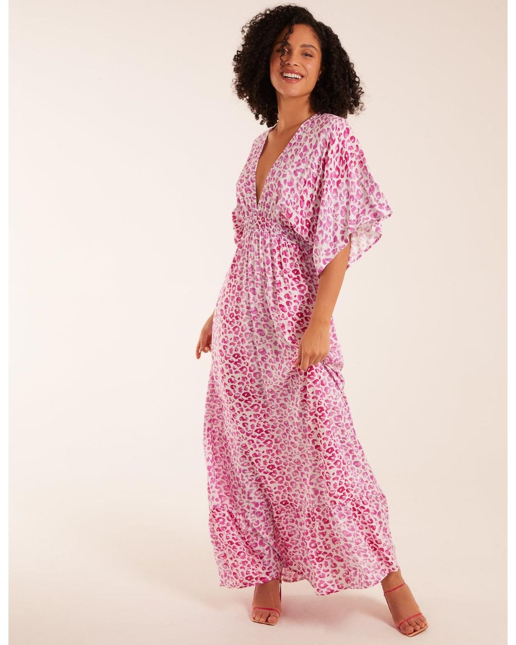 Blue Vanilla Pink Elasticated Waist Tier Hem Angel Sleeve Maxi Dress