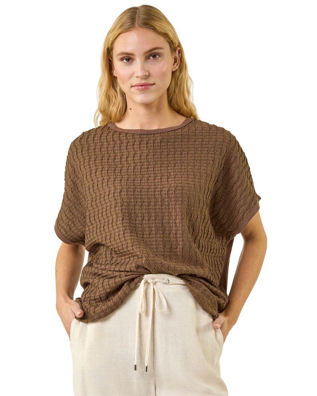 Roman Brown Textured Stretch Tunic Top