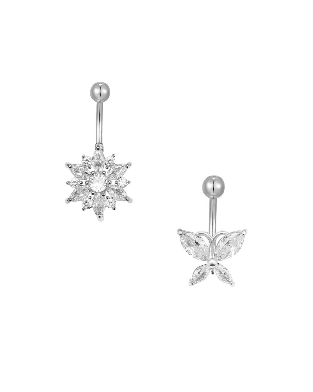 The Jewellery Stockroom Metallic Stainless Steel Set Of 2 Butterfly And Flower Cubic Zirconia Belly Button Bars