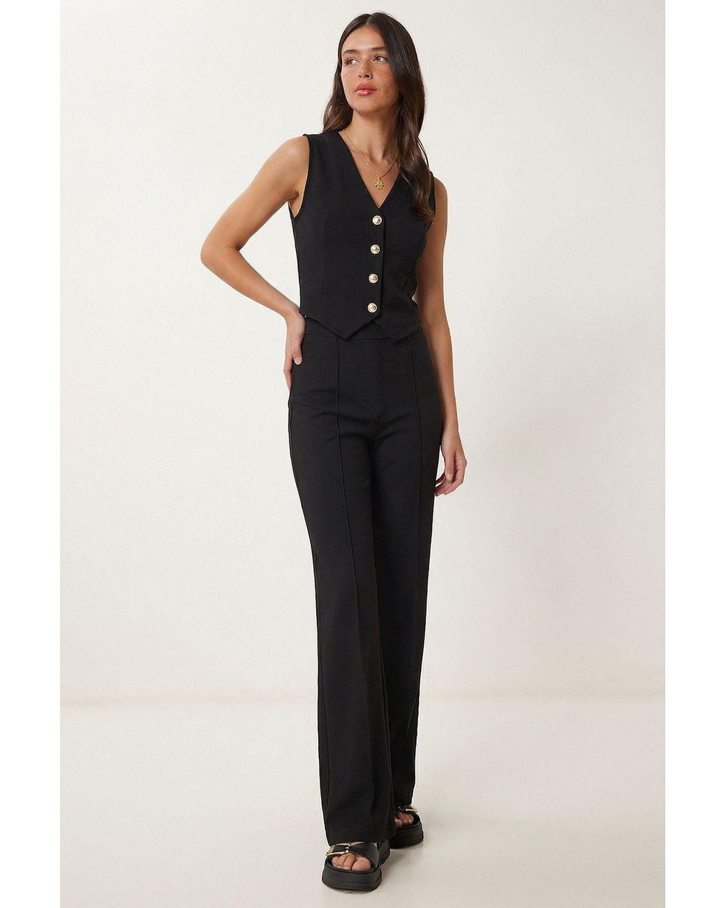 Happiness İstanbul Blue High Waist V-Neck Button-Up Wide Leg Co-Ord Set