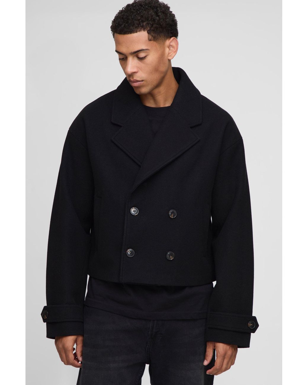 BoohooMAN Blue Double Breasted Cropped Melton Overcoat for men