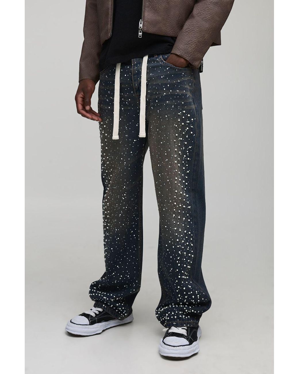 BoohooMAN Black Tall Tinted Rhinestone Extended Drawcord Relaxed Fit Jeans for men