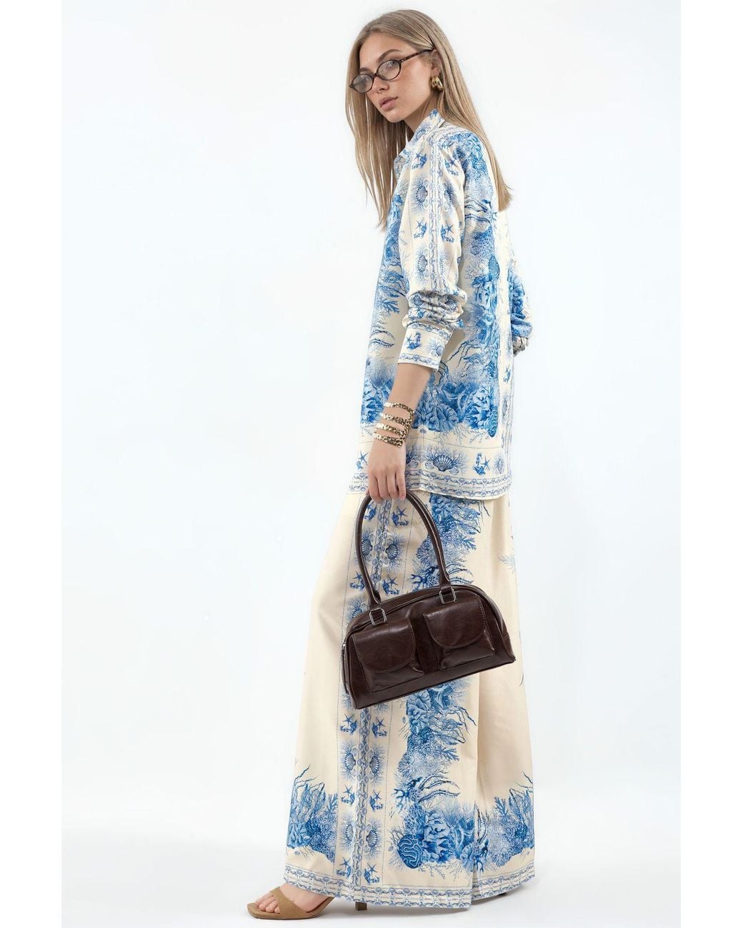 Msn-Collection Blue Floral Shirt And Wide-Leg Trousers Set