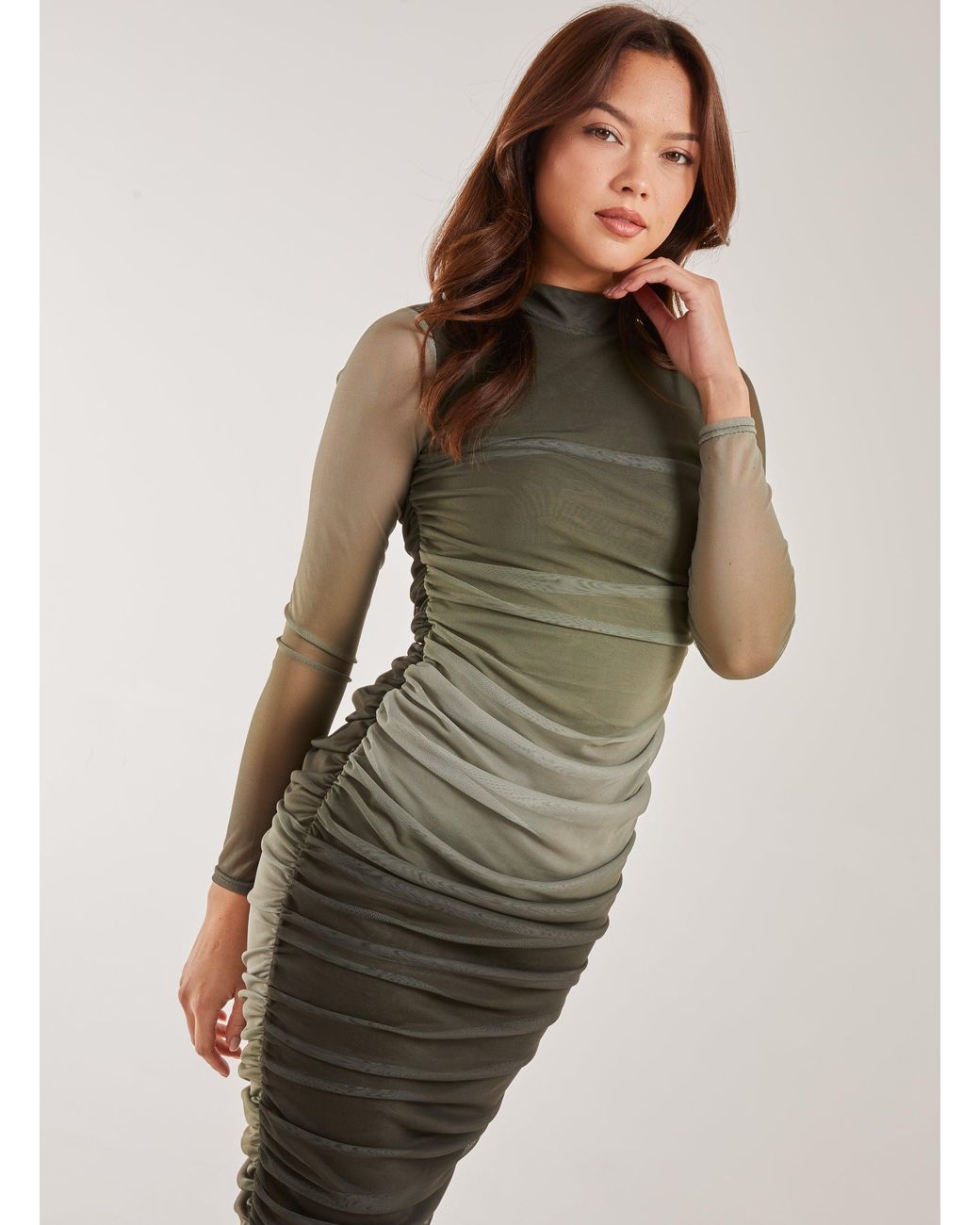 Pink Vanilla Green Long Sleeve Ombre Mesh Midi Dress