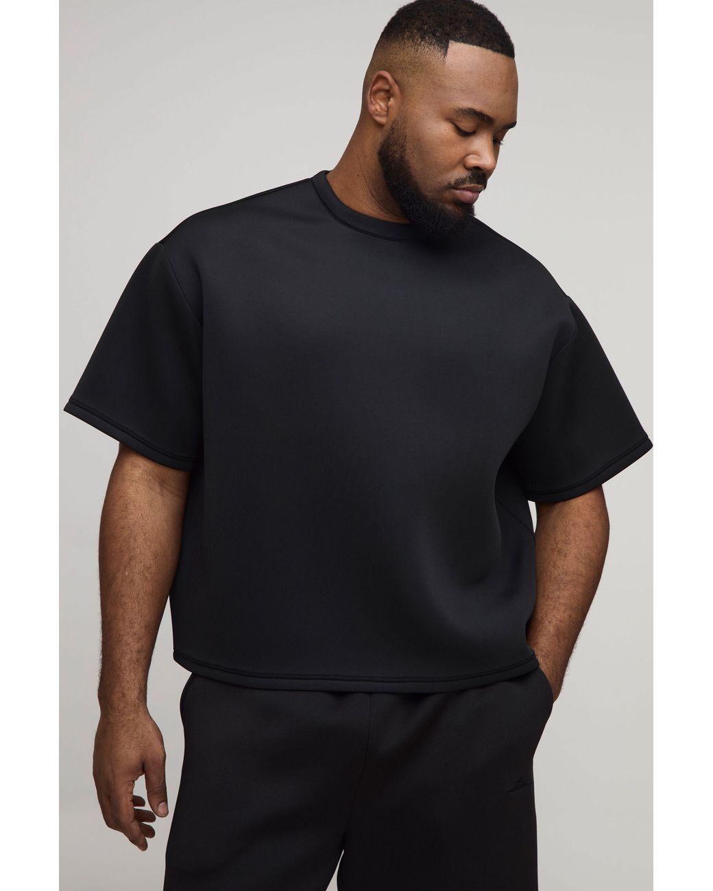 BoohooMAN Black Plus Oversized Boxy Bonded Scuba T-Shirt for men