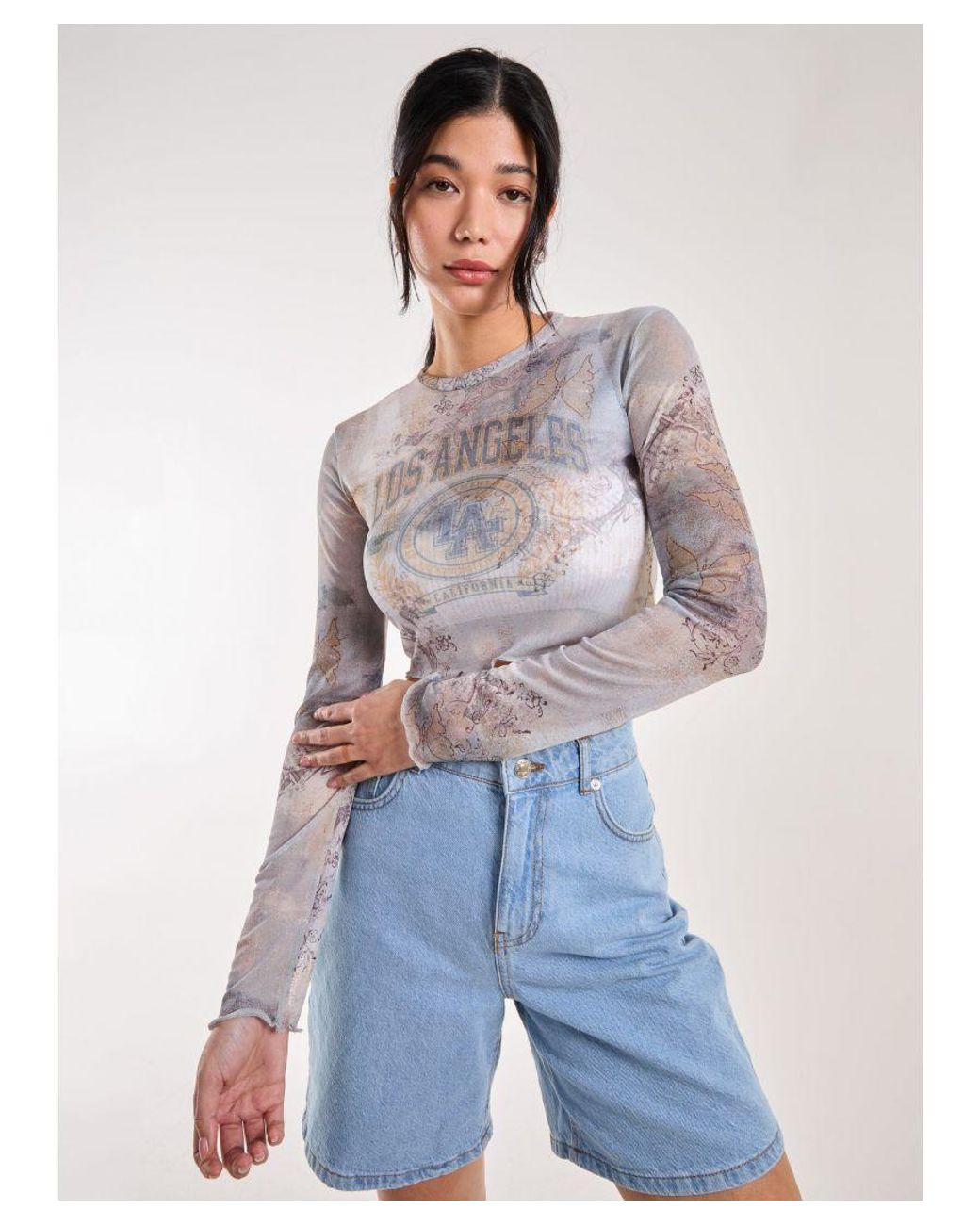 Pink Vanilla Blue Mesh Printed La Long Sleeve Top