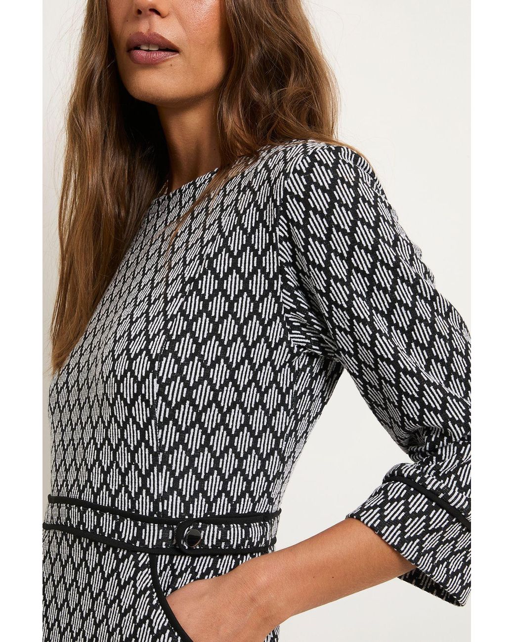 Wallis Black Geo Ponte Belted Piping Detail Midi Dress