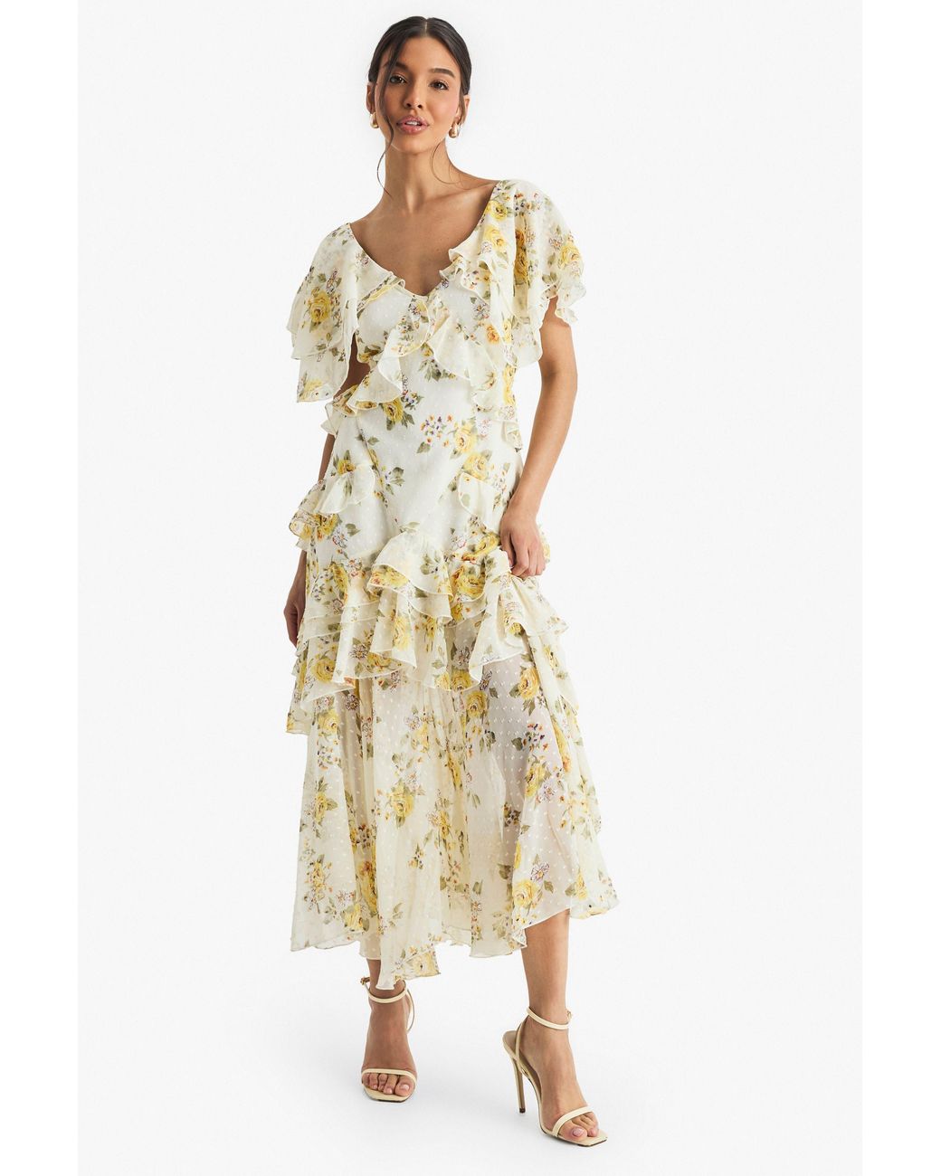 Boohoo Metallic Floral Ruffle Maxi Dress
