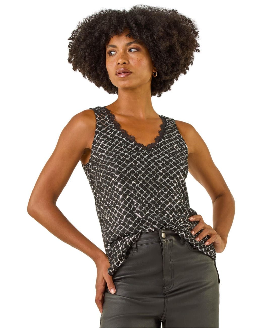 Roman Gray Diamond Lace Sequin Vest Top