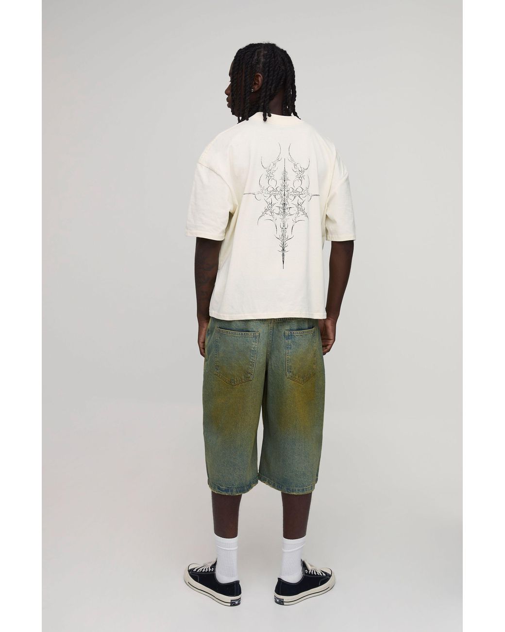 BoohooMAN White Oversized Boxy Extended Neck Grunge Stencil T-Shirt Cotton for men