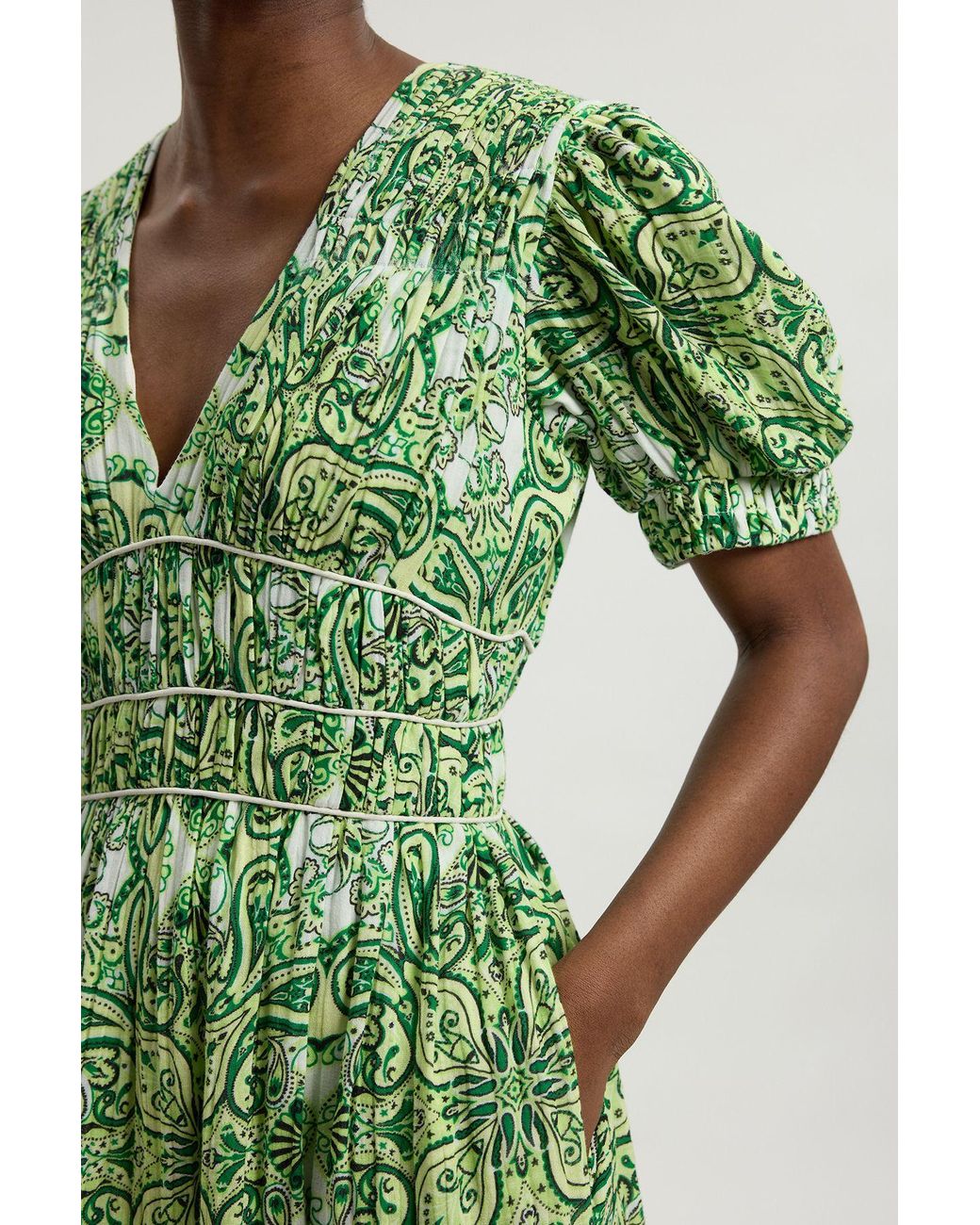 Karen Millen Green Double Cloth Tile Print Contrast Piping Midi Dress