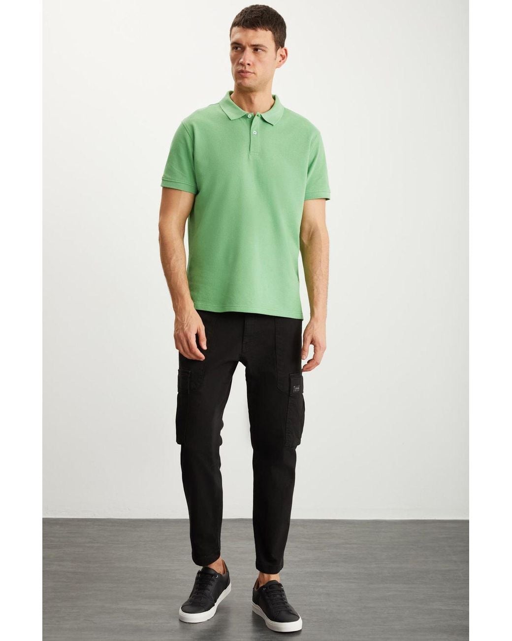 Grimelange Green Polo Collar Button T-Shirt for men