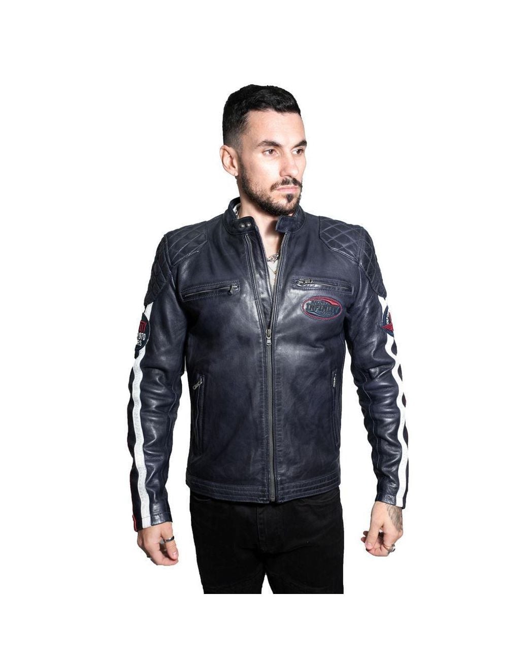 Infinity Leather Blue Classic Striped Racing Jacket- Barcelona for men